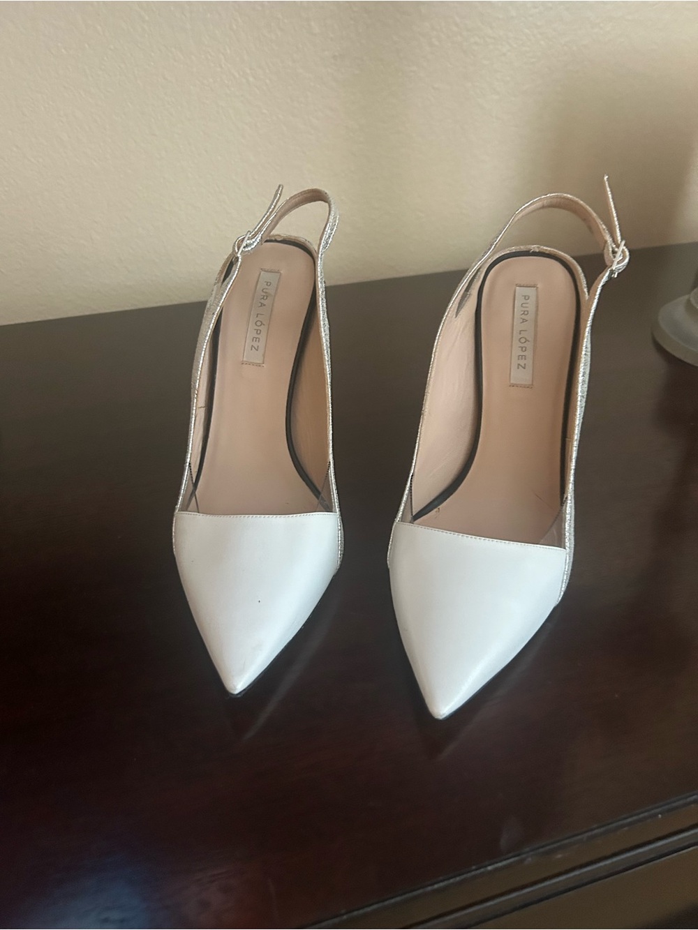 Pura Lopez White Pointed Slingback Pumps with Silver Trim